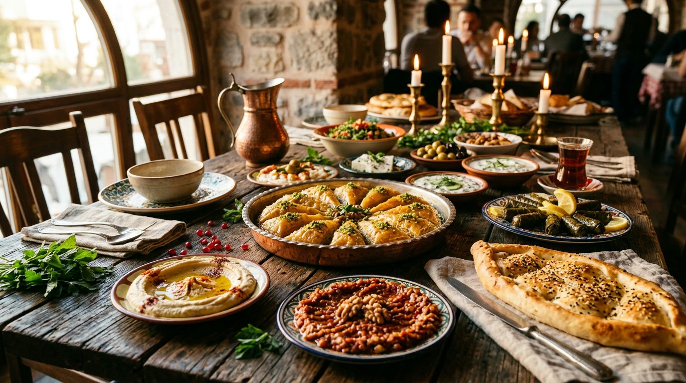 A rich spread of authentic Turkish dishes including mezes, pide, and baklava